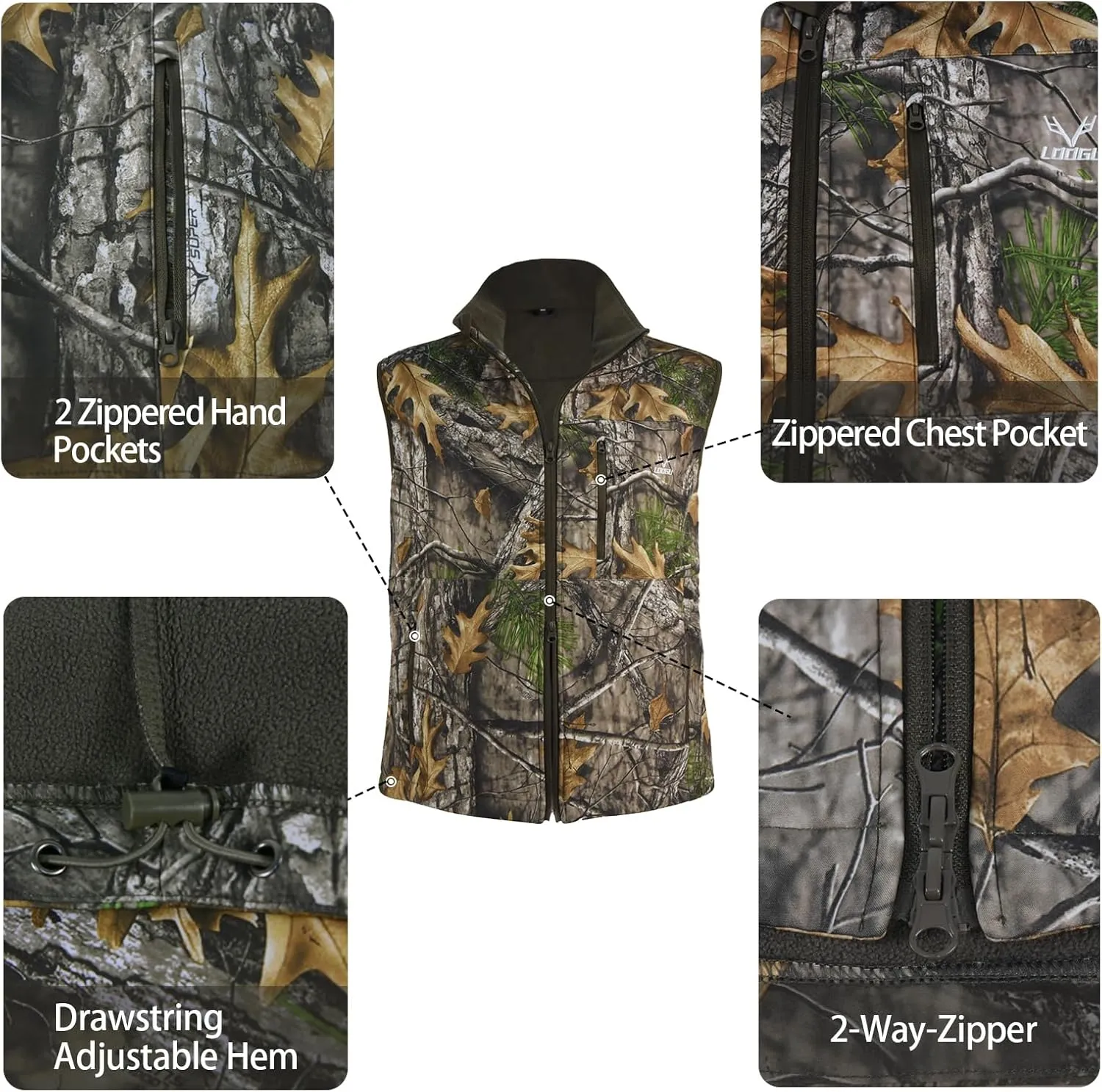 LOOGU Mens Camo Hunting Vest Softshell Fleece Lined Outdoor Fishing Outwear
