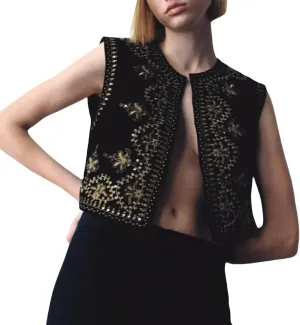 Lordree Women Retro Embroidered Floral Vest Tops Y2k Sleeveless Open Front Crop Vest Vintage Fashion Floral Sleeveless Blazer