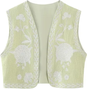 Lordree Women Retro Embroidered Floral Vest Tops Y2k Sleeveless Open Front Crop Vest Vintage Fashion Floral Sleeveless Blazer