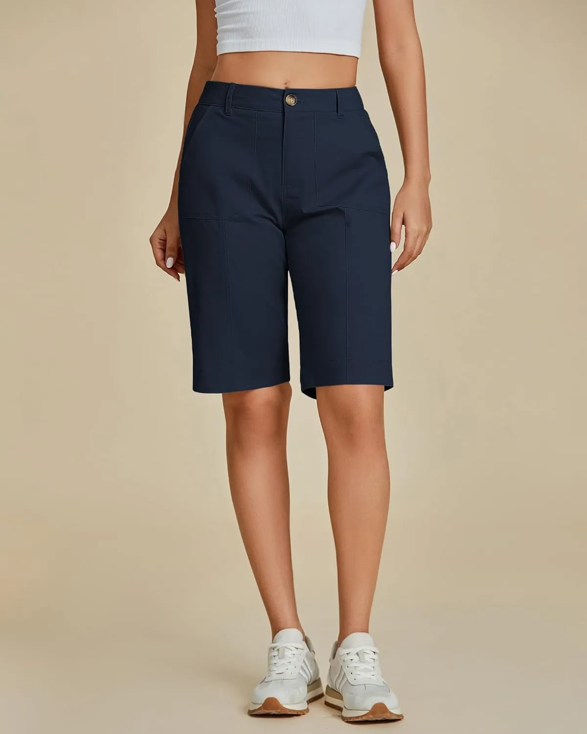 luvamia Bermuda Shorts for Women Knee Length High Waisted Cotton Elastic Wasit Summer Dressy Casual Long Chino Shorts