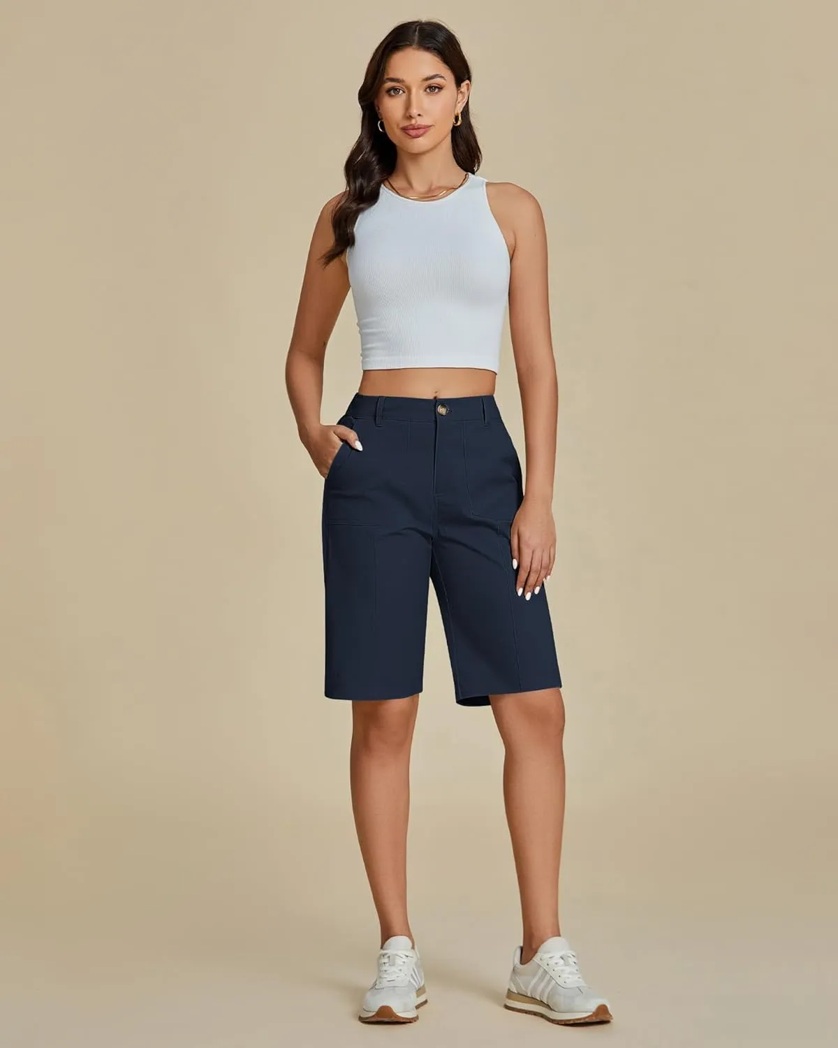 luvamia Bermuda Shorts for Women Knee Length High Waisted Cotton Elastic Wasit Summer Dressy Casual Long Chino Shorts