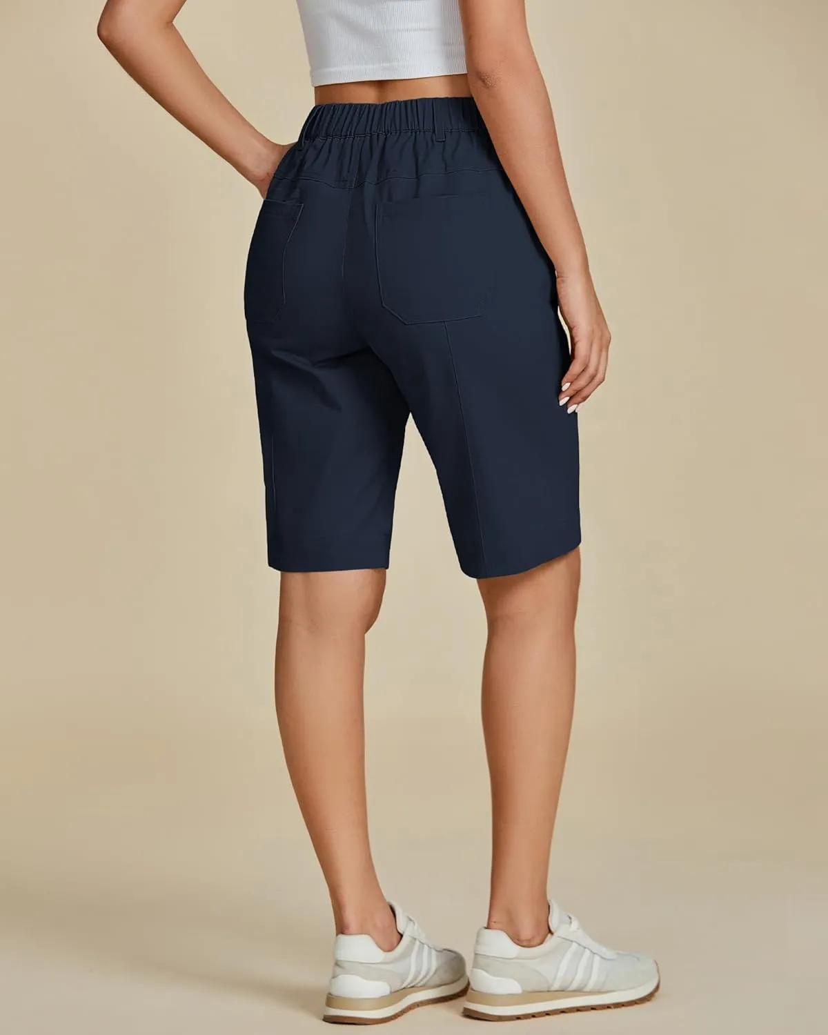 luvamia Bermuda Shorts for Women Knee Length High Waisted Cotton Elastic Wasit Summer Dressy Casual Long Chino Shorts