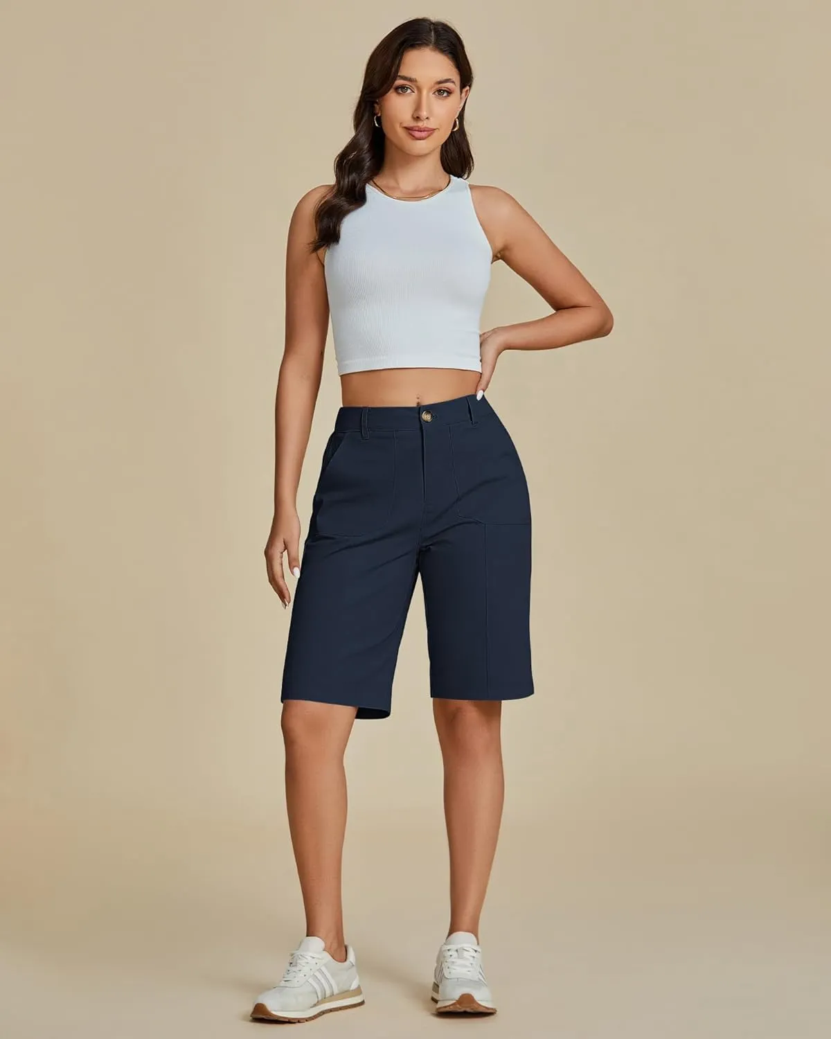 luvamia Bermuda Shorts for Women Knee Length High Waisted Cotton Elastic Wasit Summer Dressy Casual Long Chino Shorts
