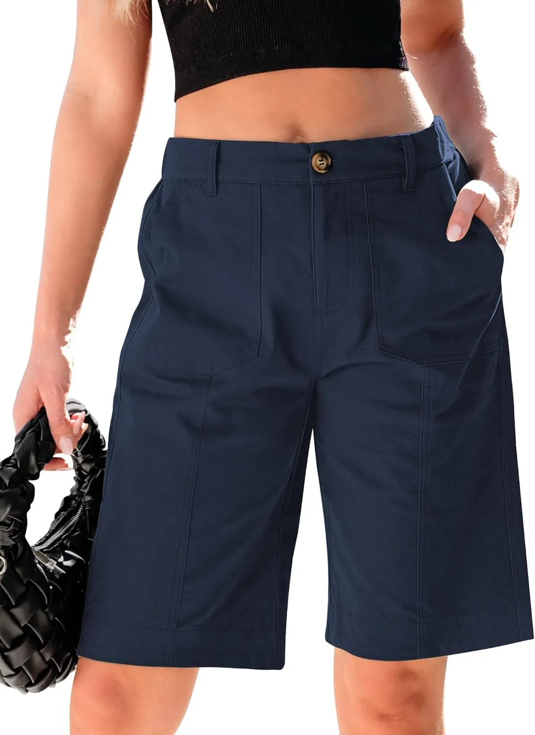 luvamia Bermuda Shorts for Women Knee Length High Waisted Cotton Elastic Wasit Summer Dressy Casual Long Chino Shorts