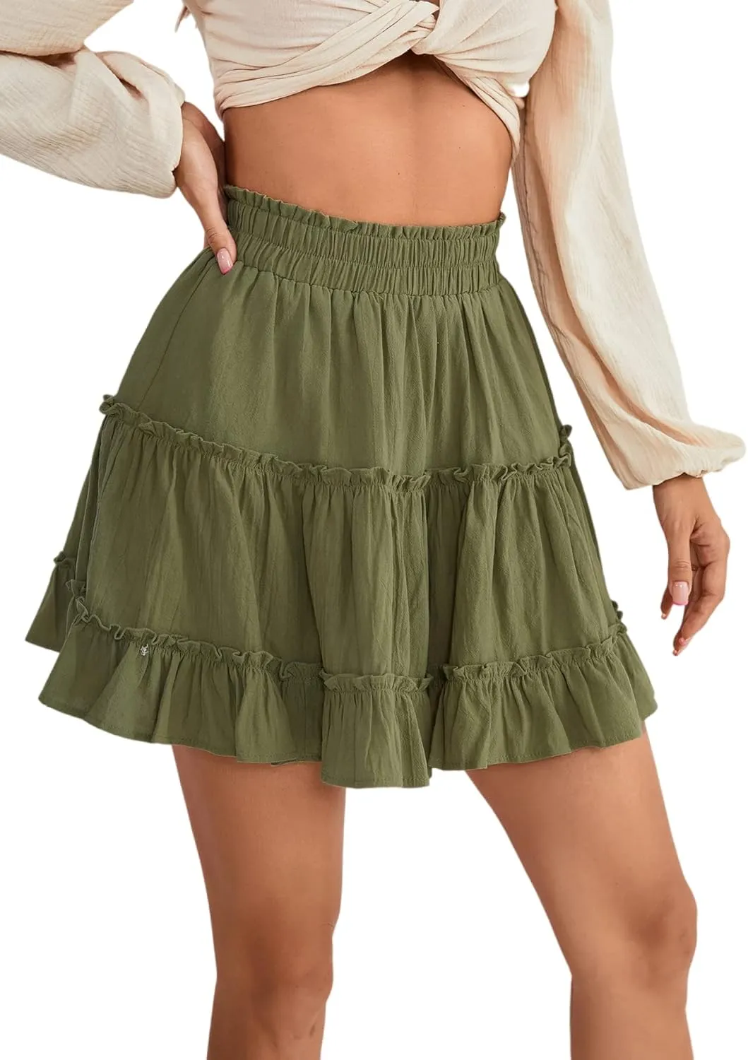 LYANER Women's Elastic Waist Pleated Layer Ruffle Hem Flowy A Line Short Skirt