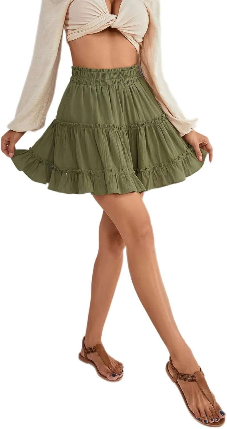 LYANER Women's Elastic Waist Pleated Layer Ruffle Hem Flowy A Line Short Skirt