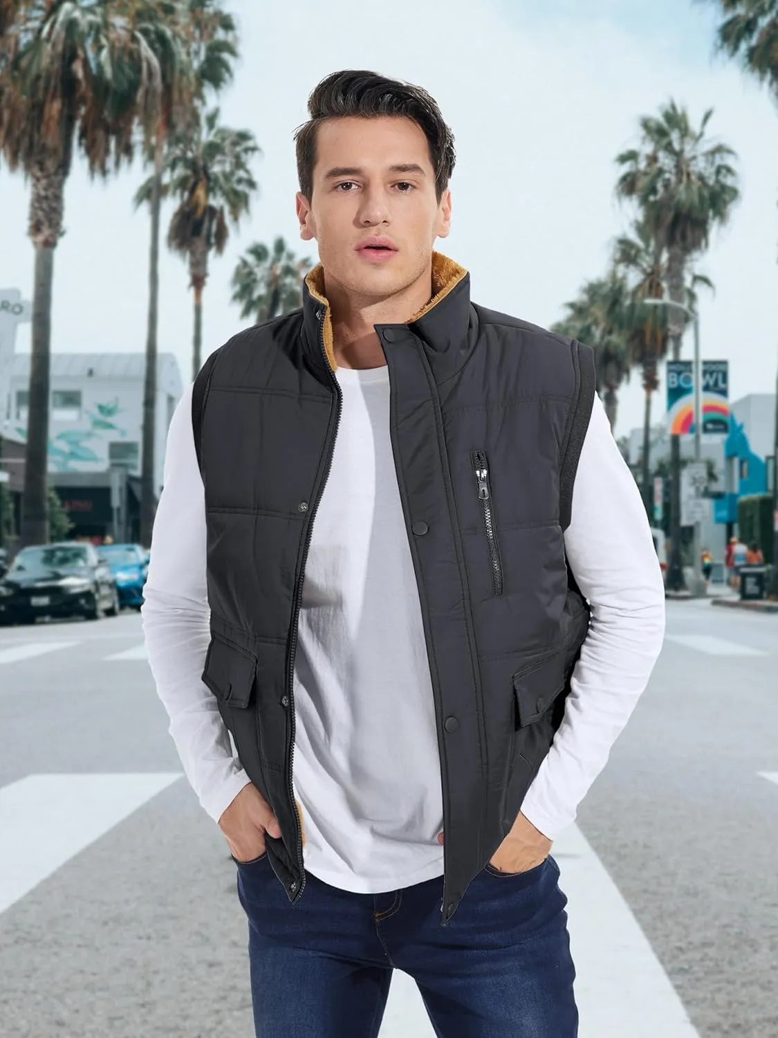 MAGCOMSEN Mens Winter Vests Outerwear Fleece Lined Puffer Vest Warm Casual Quilted Vest Bubble Sherpa Vest Jacket