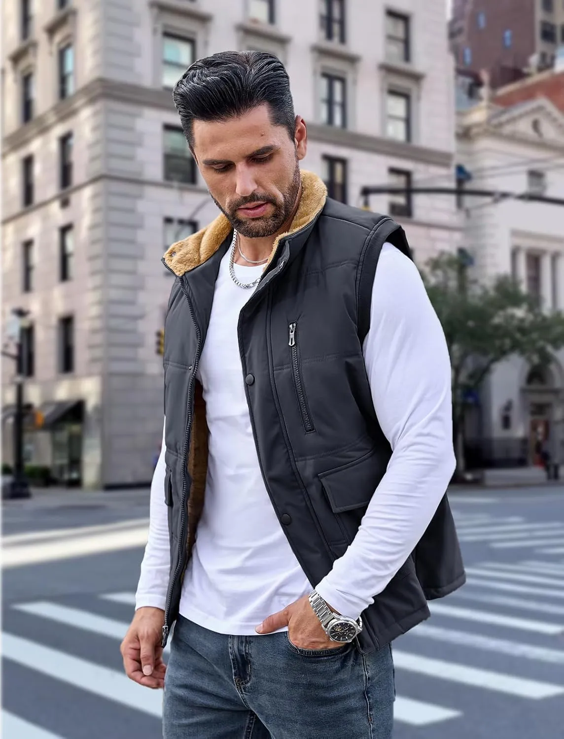 MAGCOMSEN Mens Winter Vests Outerwear Fleece Lined Puffer Vest Warm Casual Quilted Vest Bubble Sherpa Vest Jacket