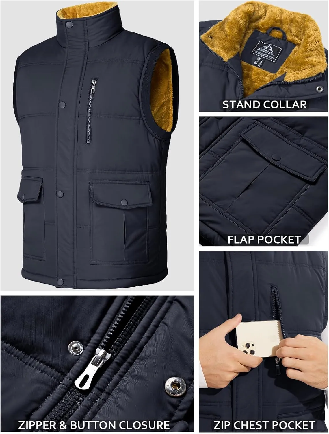 MAGCOMSEN Mens Winter Vests Outerwear Fleece Lined Puffer Vest Warm Casual Quilted Vest Bubble Sherpa Vest Jacket