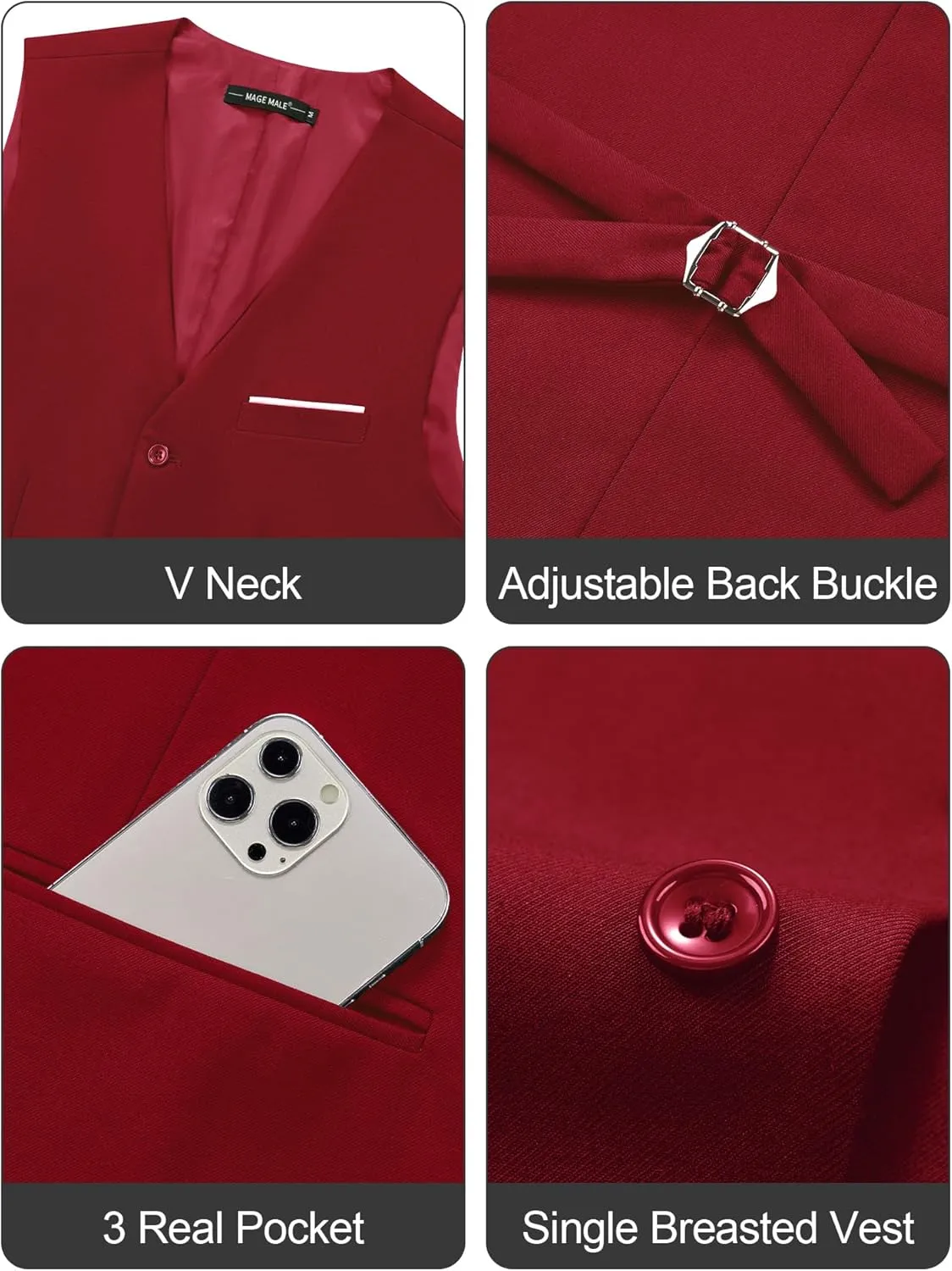 MAGE MALE Men's Suit Vests Casual Formal Dress Vest Business Slim Fit Waistcoat Vest with 3 Real Pockets for Suits Tuxedo