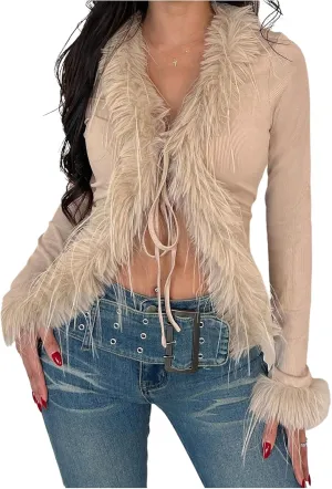 MakeMeChic Women's Faux Fur Top Mesh Lace Long Sleeve Y2K Fuzzy Trim Tee Shirts