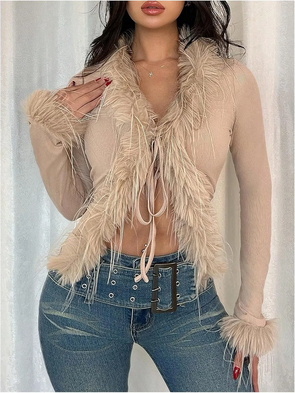 MakeMeChic Women's Faux Fur Top Mesh Lace Long Sleeve Y2K Fuzzy Trim Tee Shirts