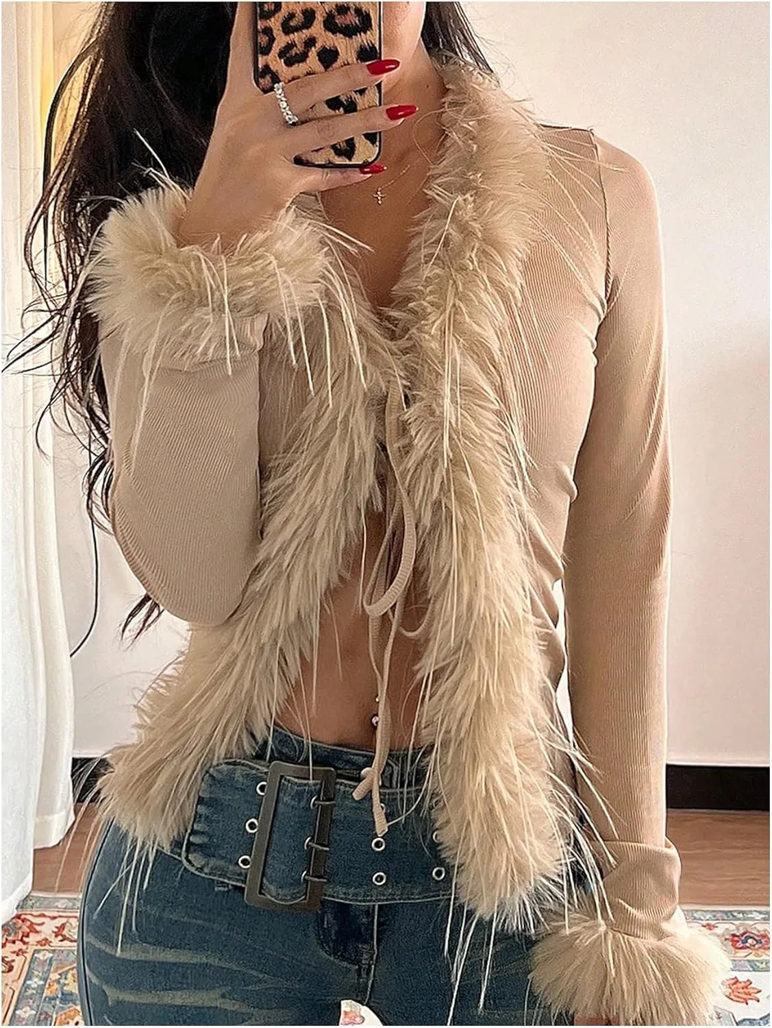 MakeMeChic Women's Faux Fur Top Mesh Lace Long Sleeve Y2K Fuzzy Trim Tee Shirts