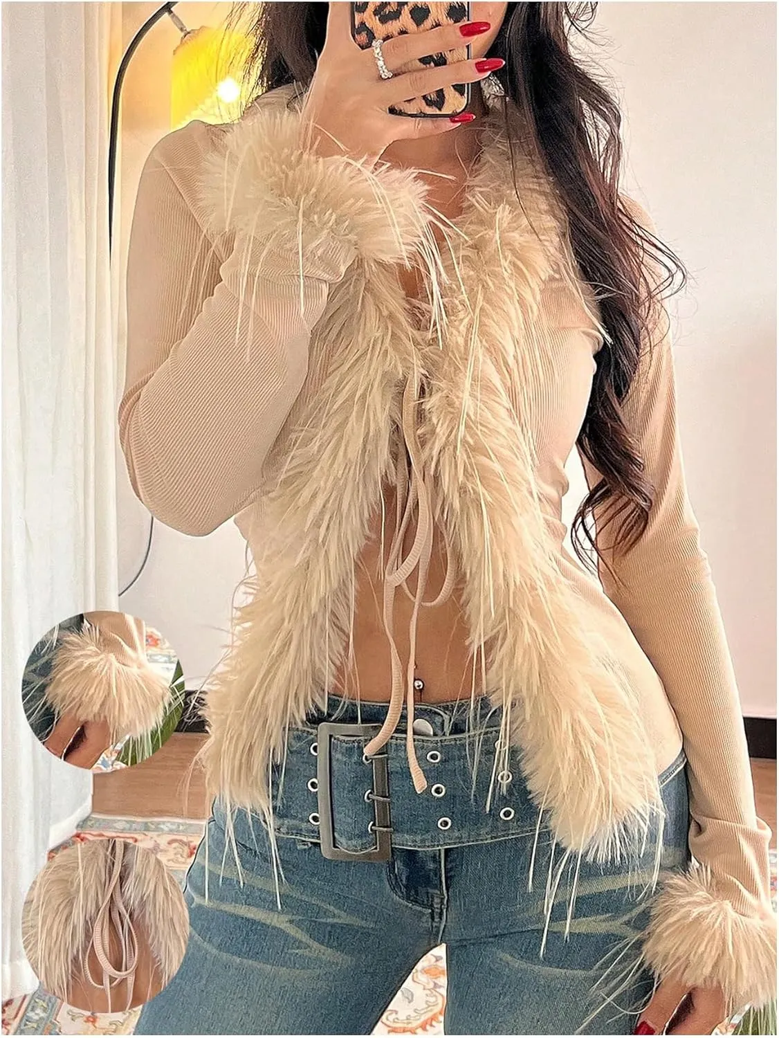 MakeMeChic Women's Faux Fur Top Mesh Lace Long Sleeve Y2K Fuzzy Trim Tee Shirts