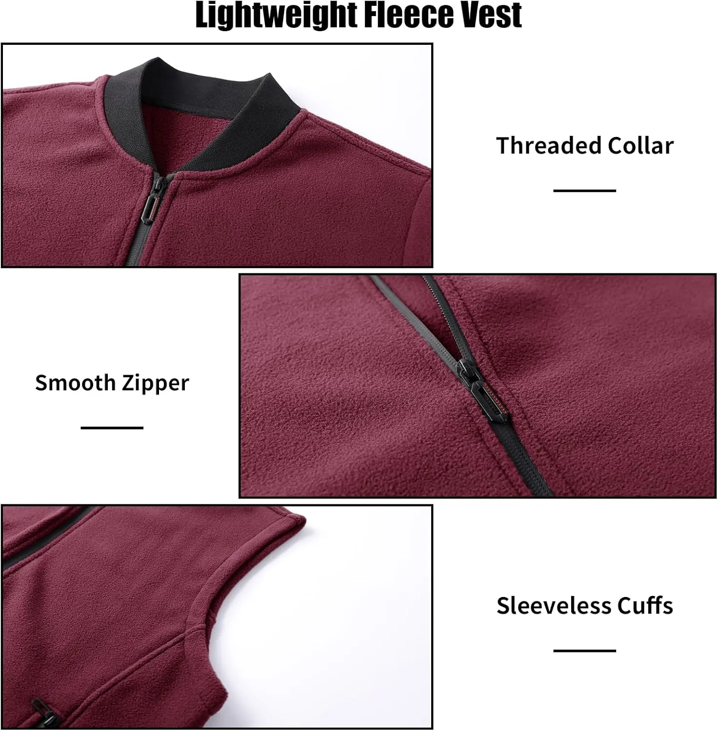 Mans Fleece Vest Full-Zip Outerwear Lightweight Sleeveless Jacket With Zipper Pockets