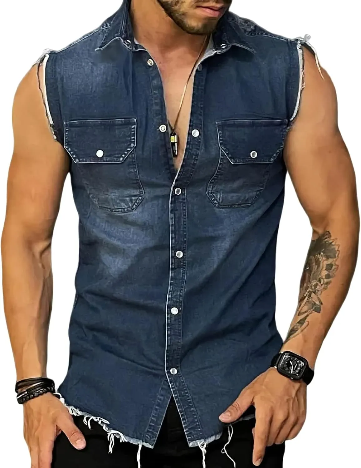 MARSVOVO Mens Sleeveless Denim Shirt Beach Denim Button Down Tank Tops Basic Sleeveless Solid Jean Vest with Pockets