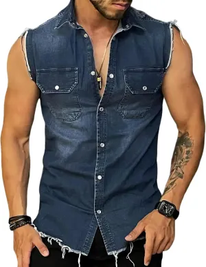 MARSVOVO Mens Sleeveless Denim Shirt Beach Denim Button Down Tank Tops Basic Sleeveless Solid Jean Vest with Pockets
