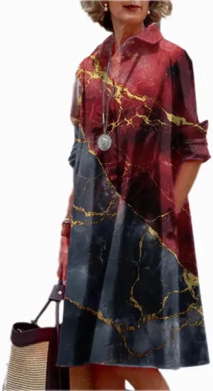 MARSVOVO Womens Linen Long Sleeve Midi Printed Button Down Shirt Dress Plus Size Loose Shirt Dresses for Women with 2 Pockets