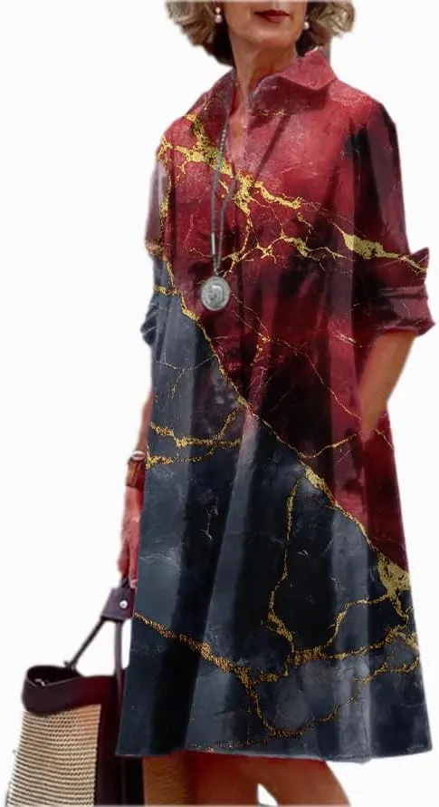 MARSVOVO Womens Linen Long Sleeve Midi Printed Button Down Shirt Dress Plus Size Loose Shirt Dresses for Women with 2 Pockets