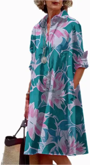 MARSVOVO Womens Linen Long Sleeve Midi Printed Button Down Shirt Dress Plus Size Loose Shirt Dresses for Women with 2 Pockets