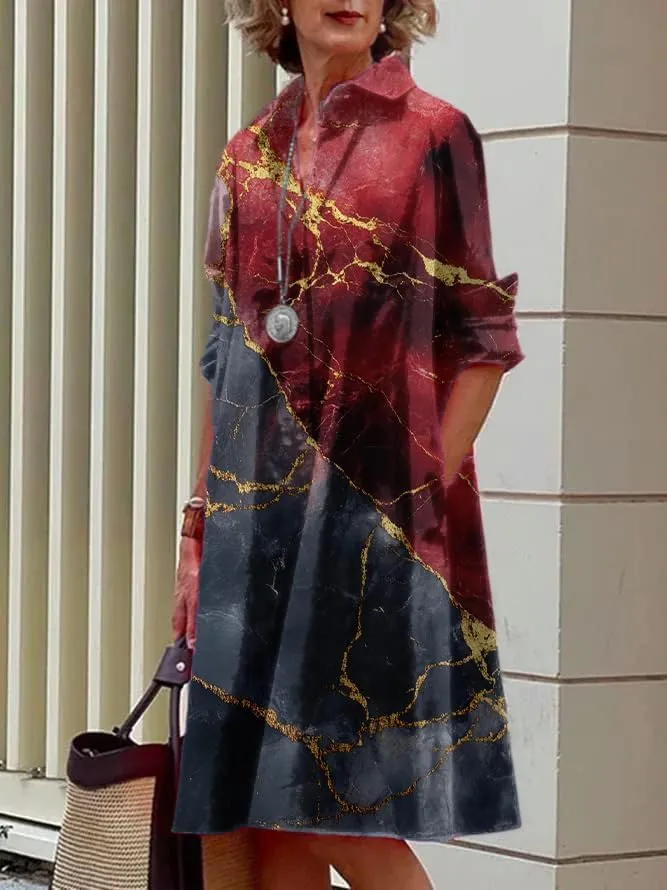 MARSVOVO Womens Linen Long Sleeve Midi Printed Button Down Shirt Dress Plus Size Loose Shirt Dresses for Women with 2 Pockets