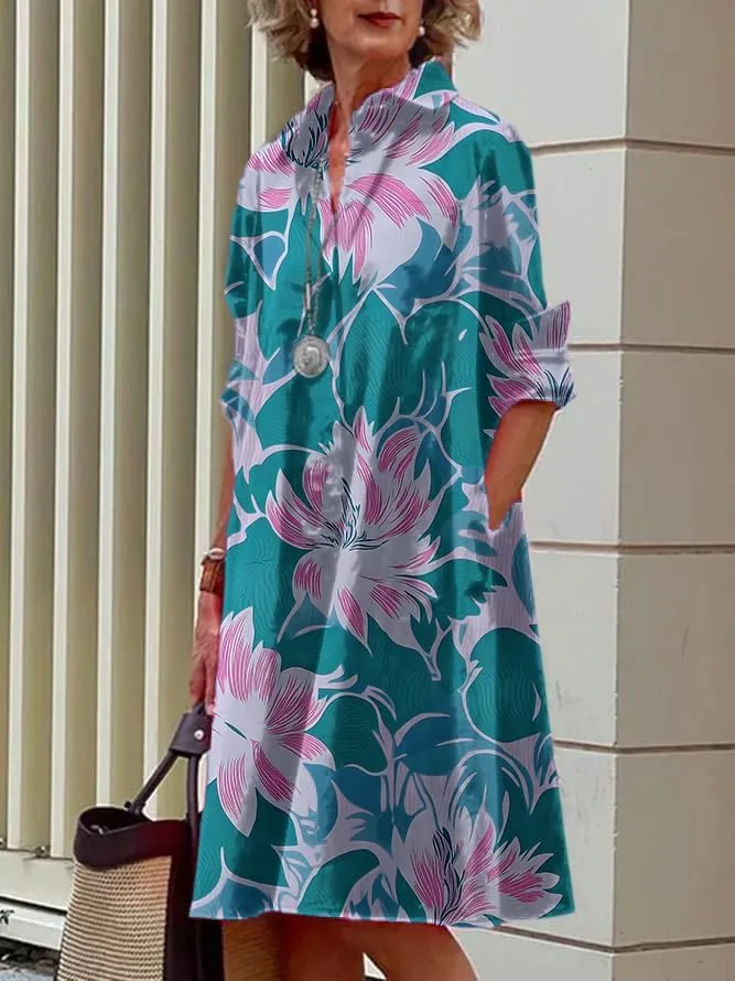 MARSVOVO Womens Linen Long Sleeve Midi Printed Button Down Shirt Dress Plus Size Loose Shirt Dresses for Women with 2 Pockets
