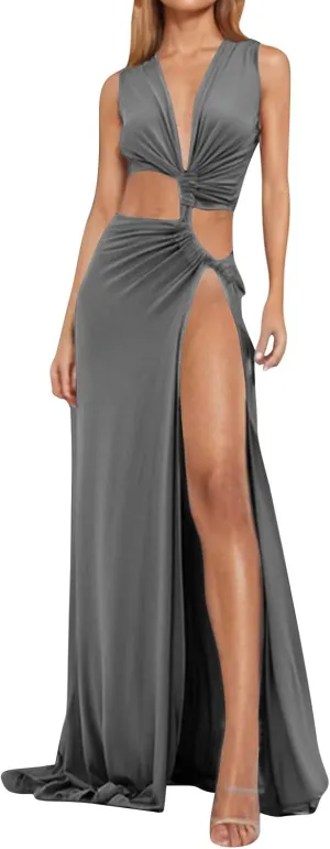 Maxi Dresses for Women Sexy Hollow Out Halter Wrap Sleeveless Plain Pleated Slit Evening Long Prom Dress