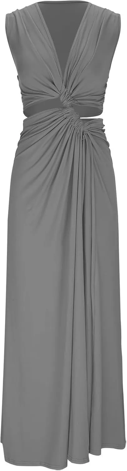 Maxi Dresses for Women Sexy Hollow Out Halter Wrap Sleeveless Plain Pleated Slit Evening Long Prom Dress