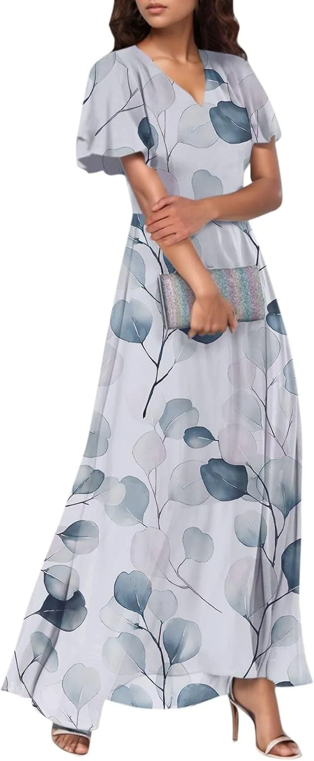 Maxi Dresses for Women,2025 Summer Trendy Floral Boho Dress,Casual V Neck Short Sleeve Chiffon Flowy Beach Dress