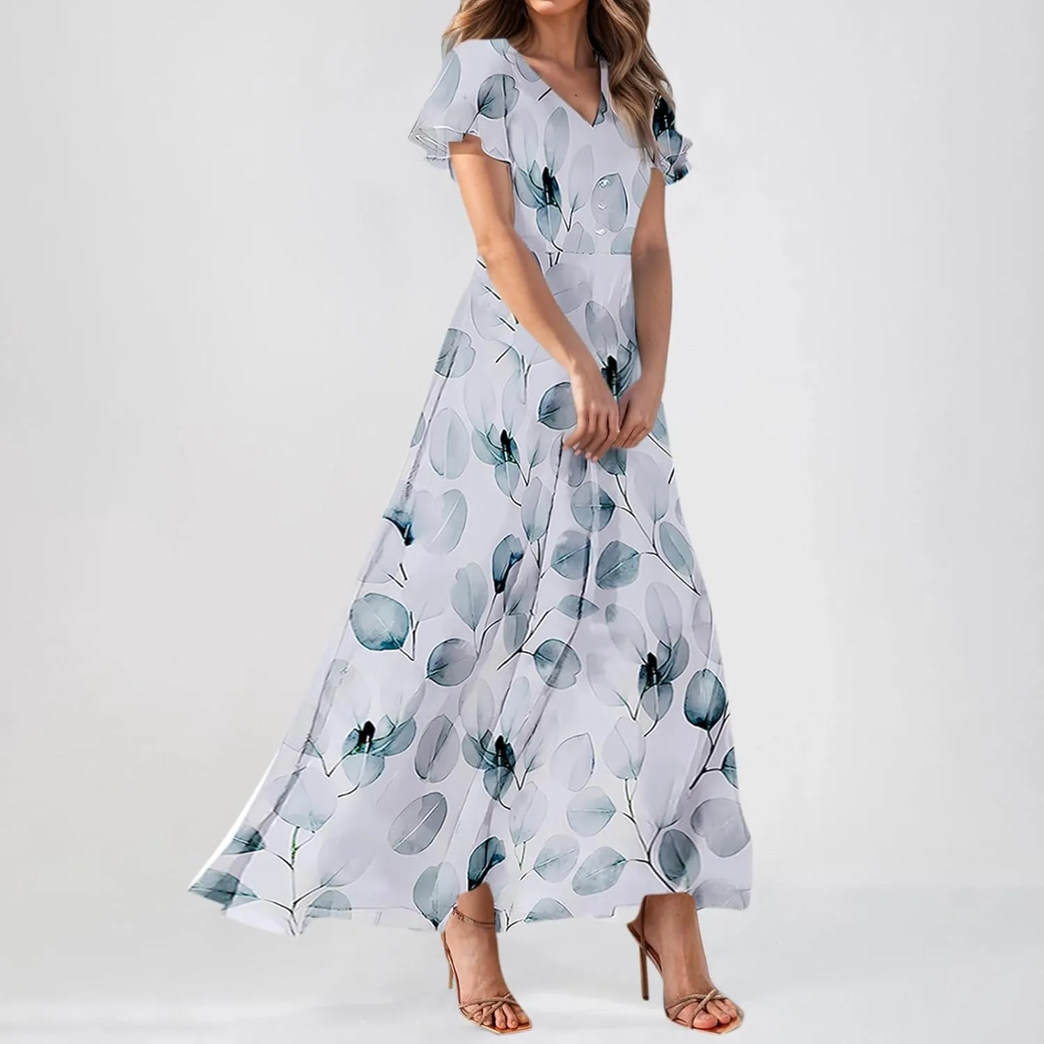 Maxi Dresses for Women,2025 Summer Trendy Floral Boho Dress,Casual V Neck Short Sleeve Chiffon Flowy Beach Dress