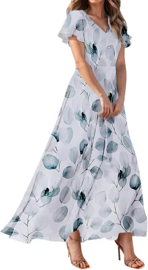 Maxi Dresses for Women,2025 Summer Trendy Floral Boho Dress,Casual V Neck Short Sleeve Chiffon Flowy Beach Dress