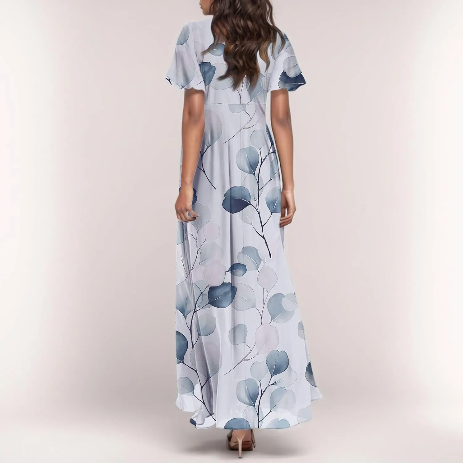 Maxi Dresses for Women,2025 Summer Trendy Floral Boho Dress,Casual V Neck Short Sleeve Chiffon Flowy Beach Dress