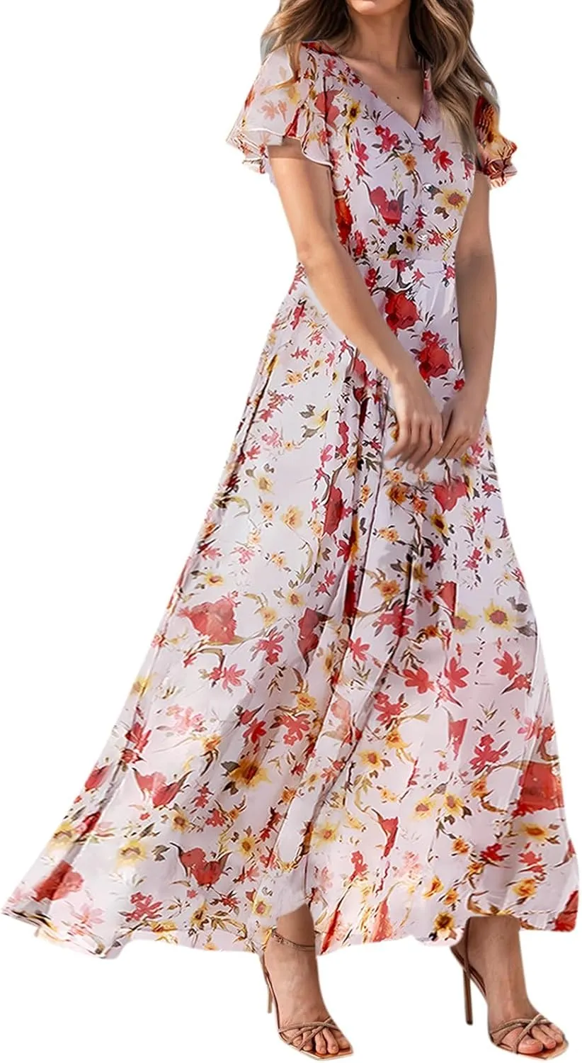 Maxi Dresses for Women,2025 Summer Trendy Floral Boho Dress,Casual V Neck Short Sleeve Chiffon Flowy Beach Dress