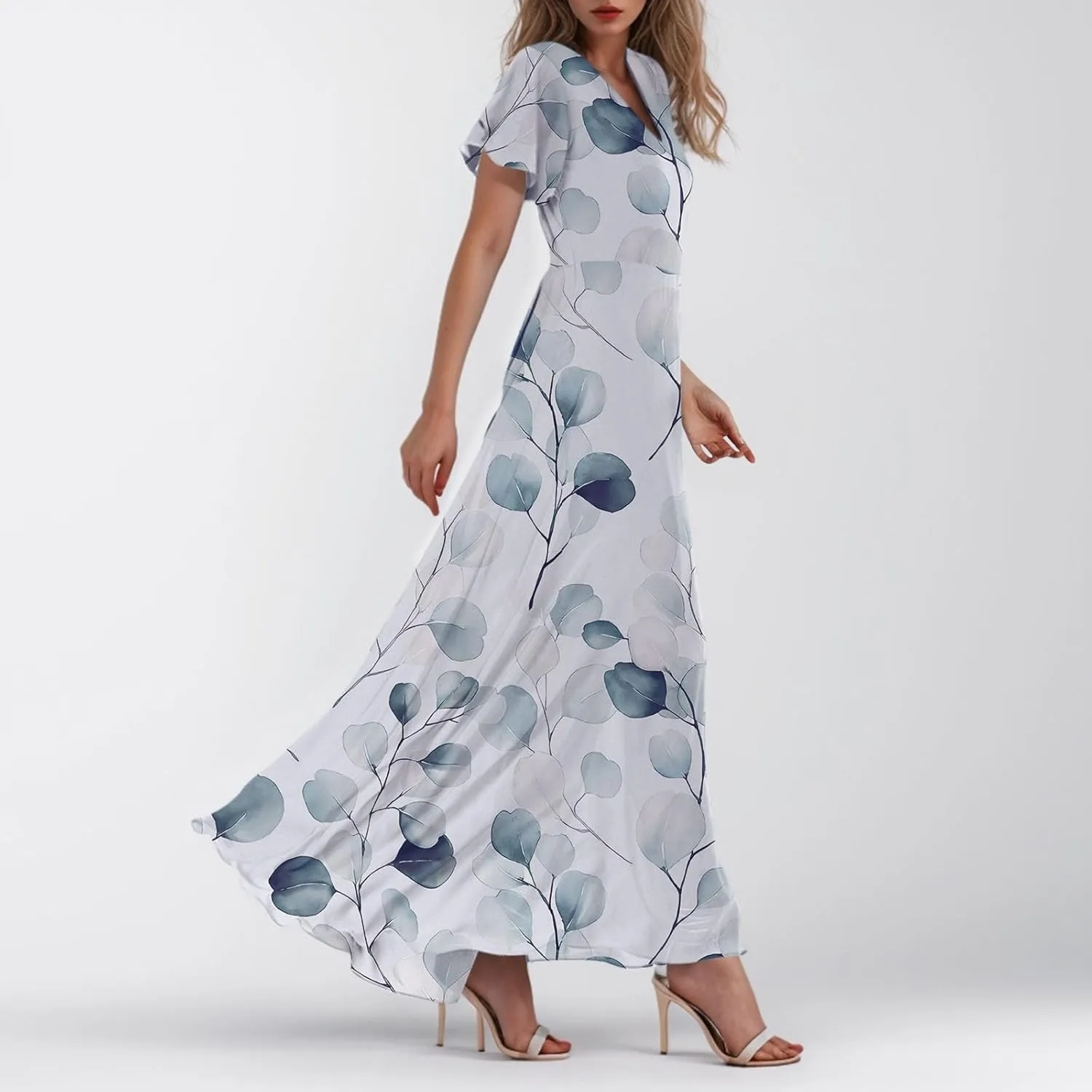 Maxi Dresses for Women,2025 Summer Trendy Floral Boho Dress,Casual V Neck Short Sleeve Chiffon Flowy Beach Dress