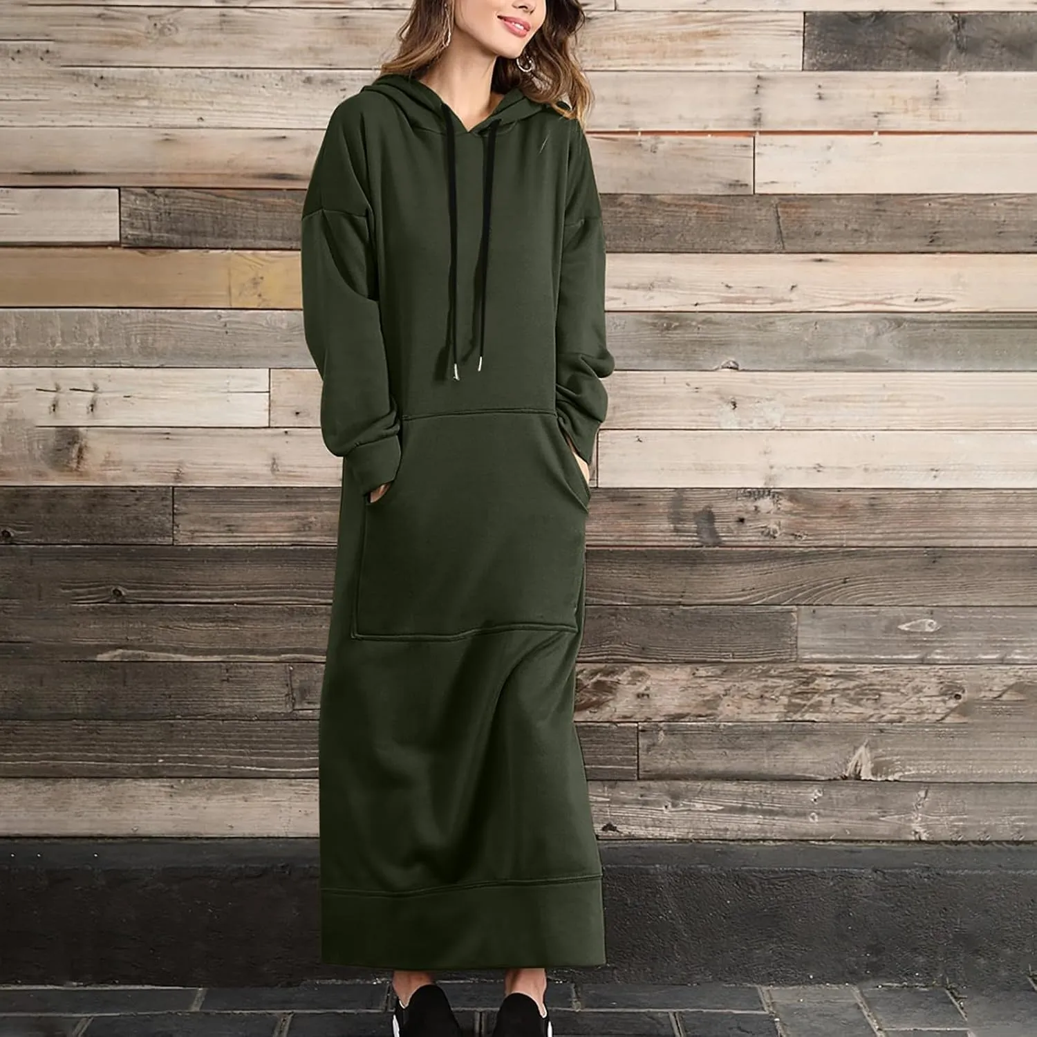 Maxi Hooded Dress for Women Split Hem Hooded Long Sweatshirt Dress with Pockets Long Hoodies 2023 Fall Fashion