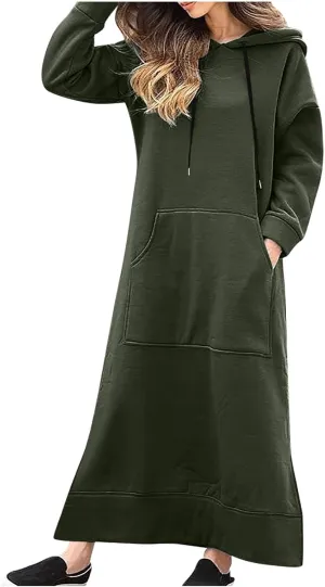 Maxi Hooded Dress for Women Split Hem Hooded Long Sweatshirt Dress with Pockets Long Hoodies 2023 Fall Fashion