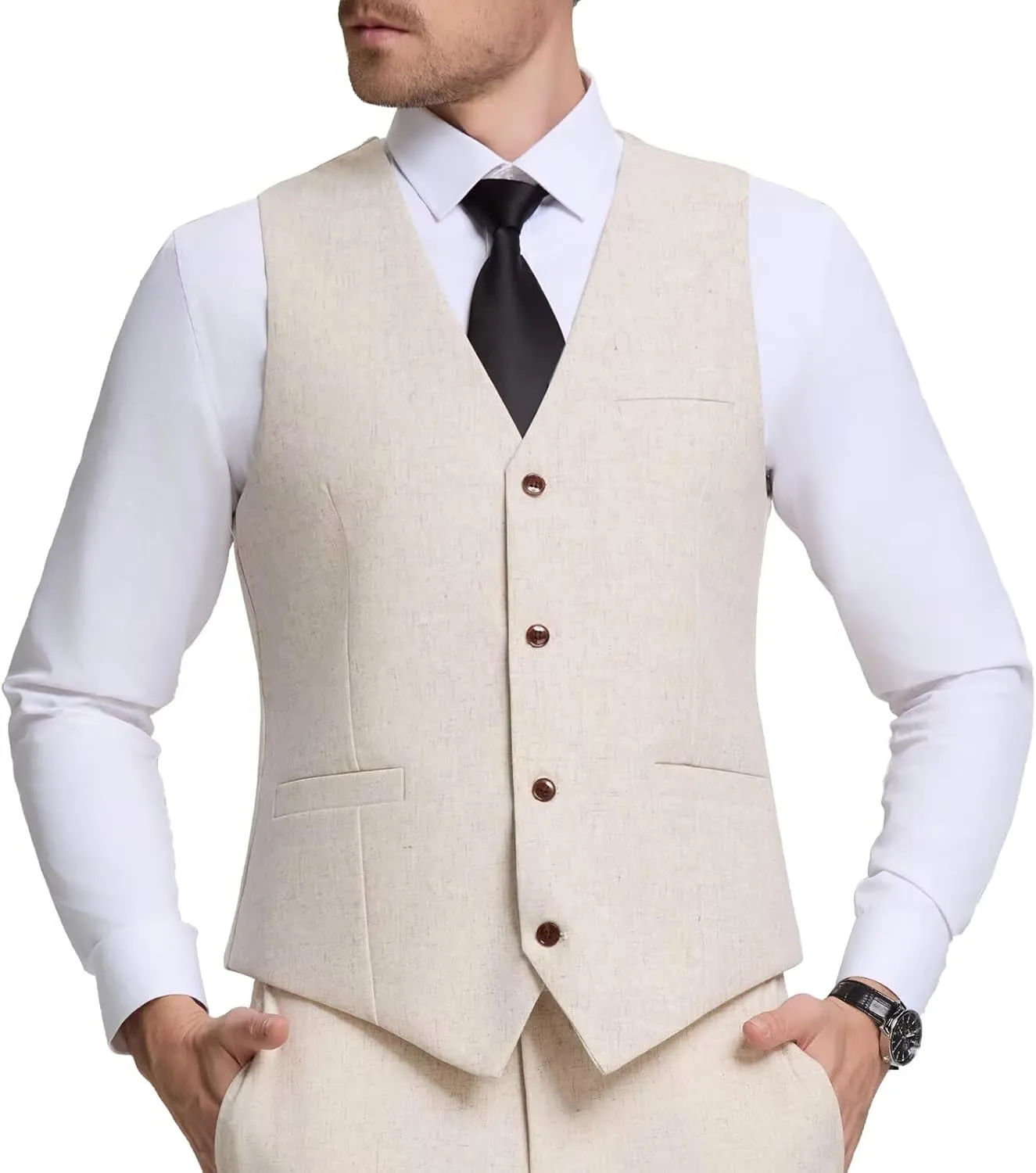 Men Linen Vest Casual Suit Vests Regular Fit Beach Wedding Waistcoat For Mens Groomsmen Party Dress Vest