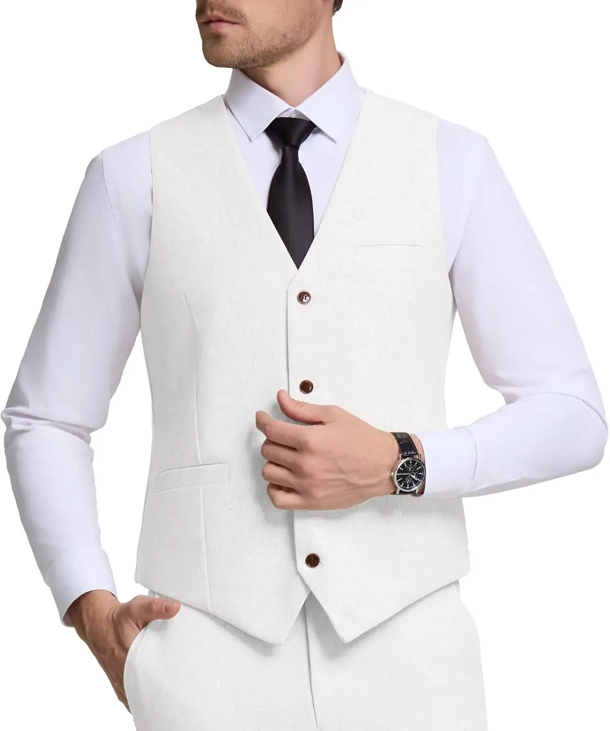 Men Linen Vest Casual Suit Vests Regular Fit Beach Wedding Waistcoat For Mens Groomsmen Party Dress Vest
