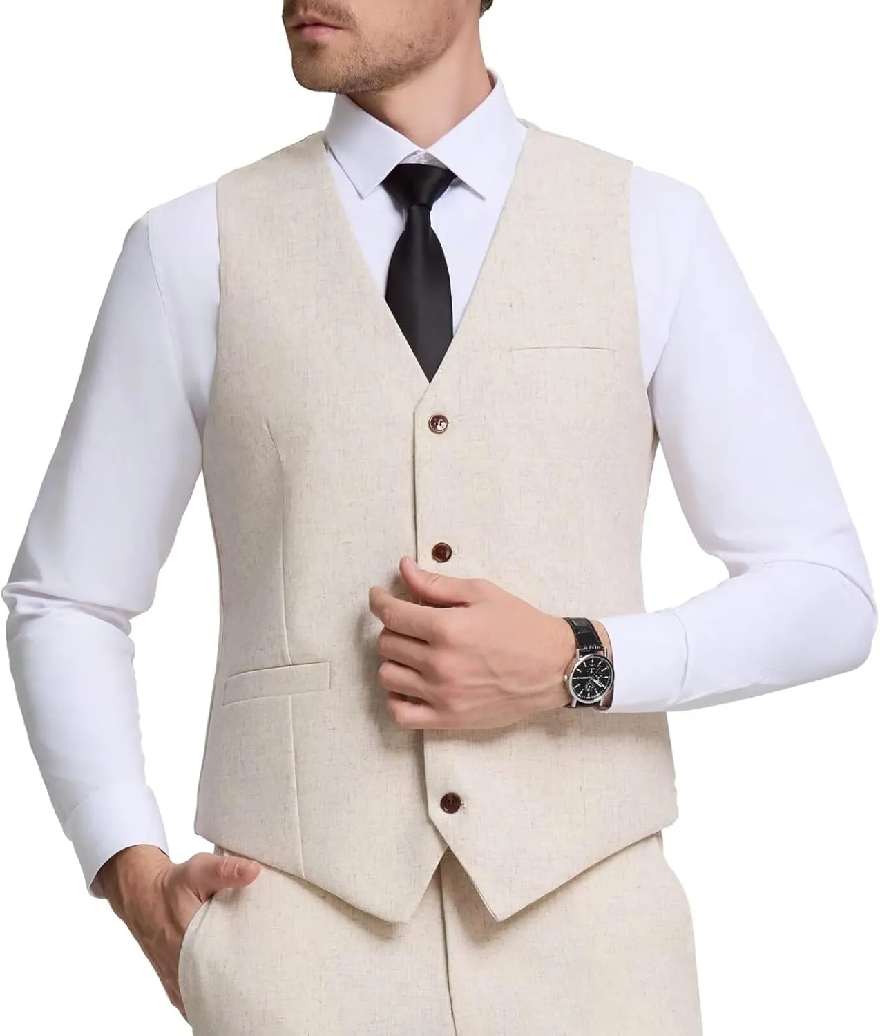 Men Linen Vest Casual Suit Vests Regular Fit Beach Wedding Waistcoat For Mens Groomsmen Party Dress Vest