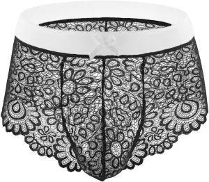 Men Lingerie Lace Boxers Brief With Ball Pouch Sheer Underwear Sexy Husband Boyfriend Valentine Dating Sissy Panties