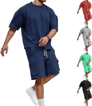 Men Outfits 2 Piece Fashion Casual Summer Drop Shoulder Oversize Tee Shirt Shorts Set Athletic Jogging Tracksuit