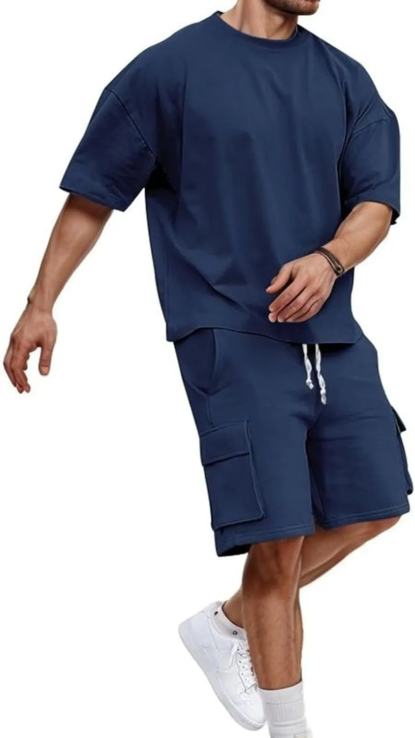 Men Outfits 2 Piece Fashion Casual Summer Drop Shoulder Oversize Tee Shirt Shorts Set Athletic Jogging Tracksuit