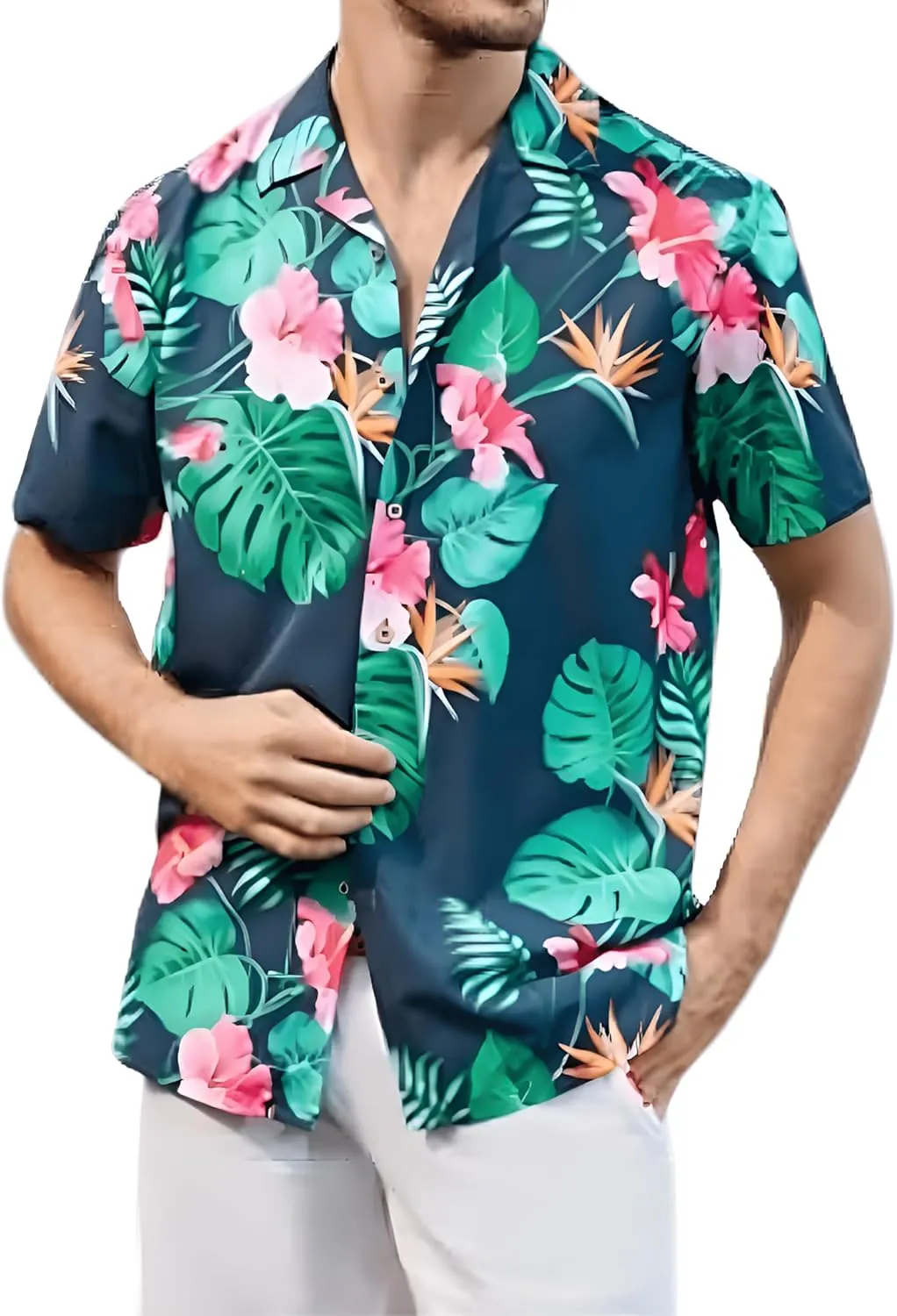 Men's Casual Button-Down Shirts, Tropical Short Sleeve Floral Printed Beach Hawaiian Shirt for Men Holiday