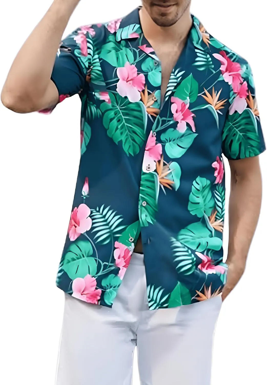 Men's Casual Button-Down Shirts, Tropical Short Sleeve Floral Printed Beach Hawaiian Shirt for Men Holiday