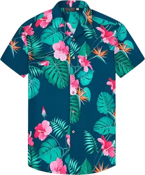 Men's Casual Button-Down Shirts, Tropical Short Sleeve Floral Printed Beach Hawaiian Shirt for Men Holiday