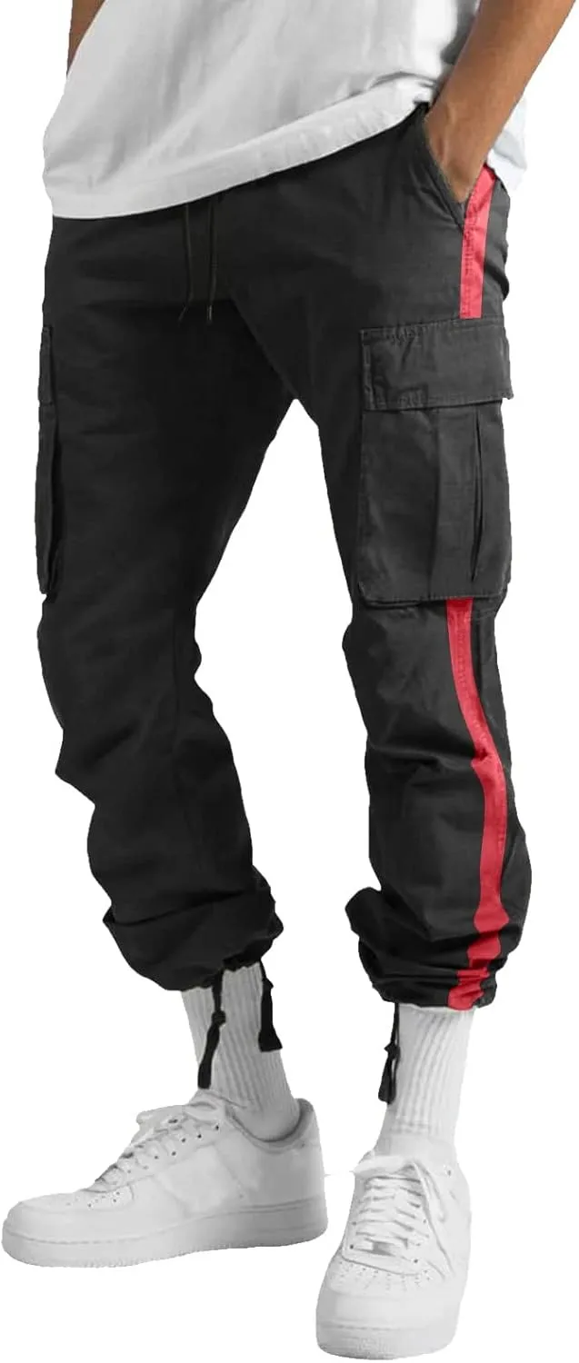 Mens Casual Cargo Pants Stretch Elastic Waist Drawstring Joggers Pants Tapered Sweatpants for Men Multi Pockets
