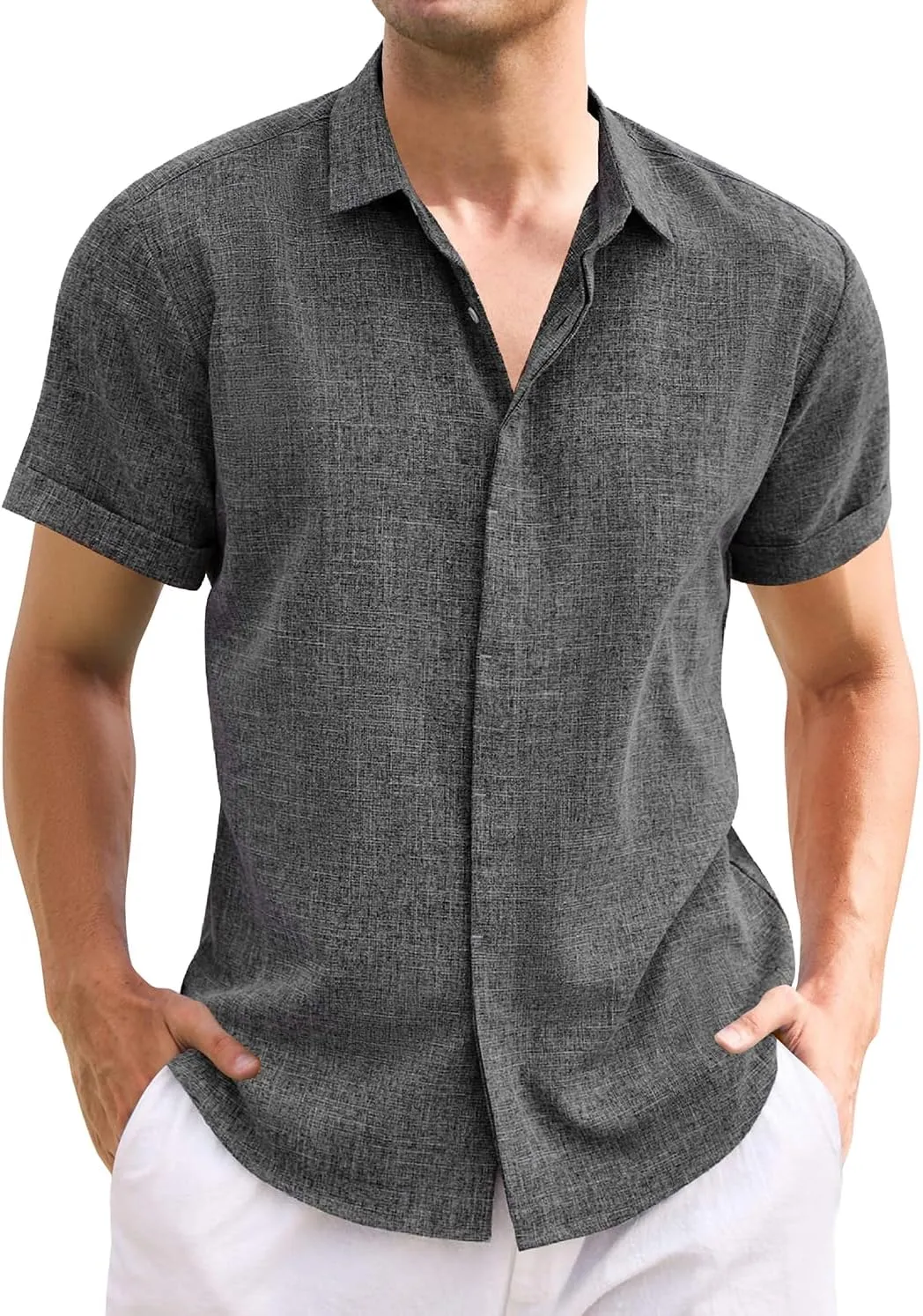 Mens Casual Linen Shirt Solid Short Sleeve Button Down Shirts Turn-up Collar Clothes Tops.