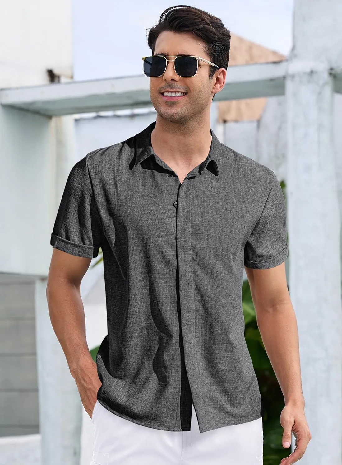 Mens Casual Linen Shirt Solid Short Sleeve Button Down Shirts Turn-up Collar Clothes Tops.