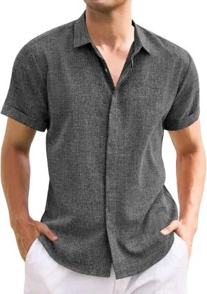 Mens Casual Linen Shirt Solid Short Sleeve Button Down Shirts Turn-up Collar Clothes Tops.