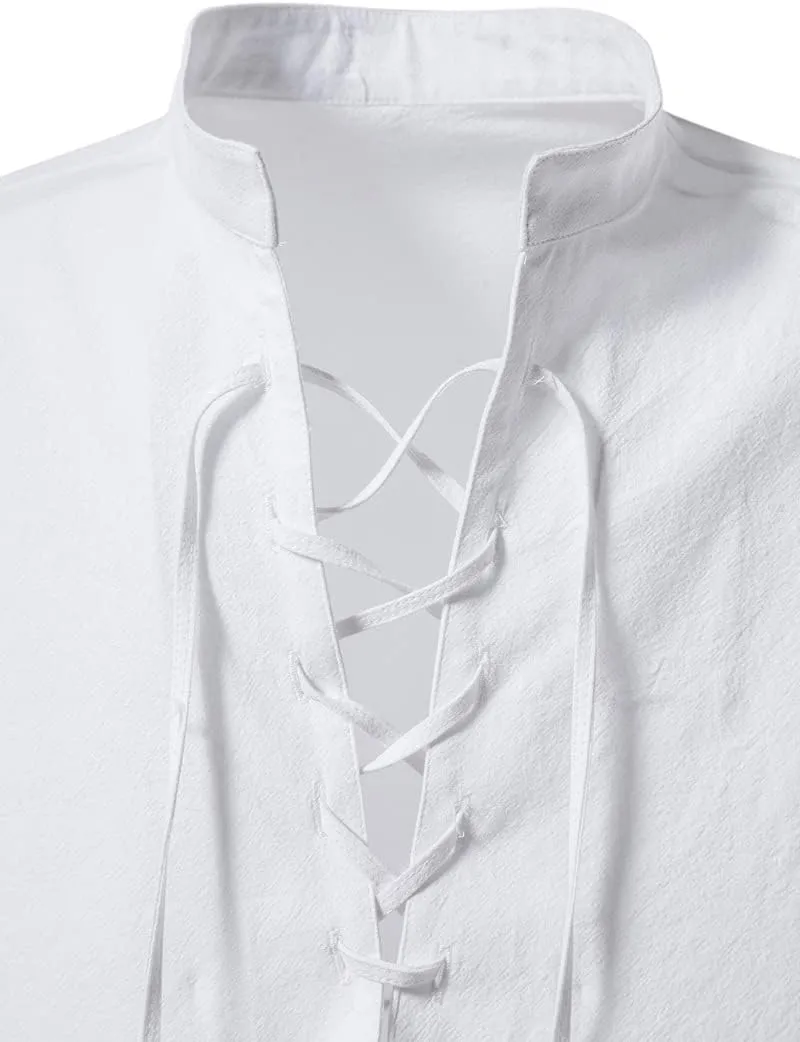 Men's Cotton Linen Lace Up Shirts Pirate Medieval Viking Renaissance Halloween Costume Drawstring Arm Banded Tops